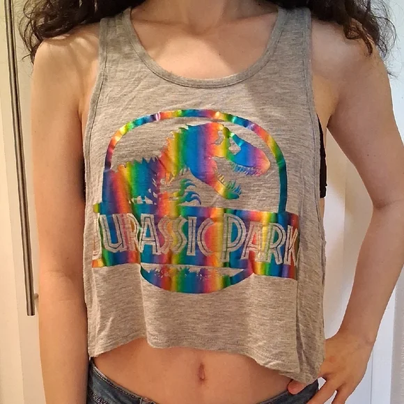 Jurassic Park Racerback Cropped Tank Top with Reflective Neon Rainbow Design - Picture 1 of 4